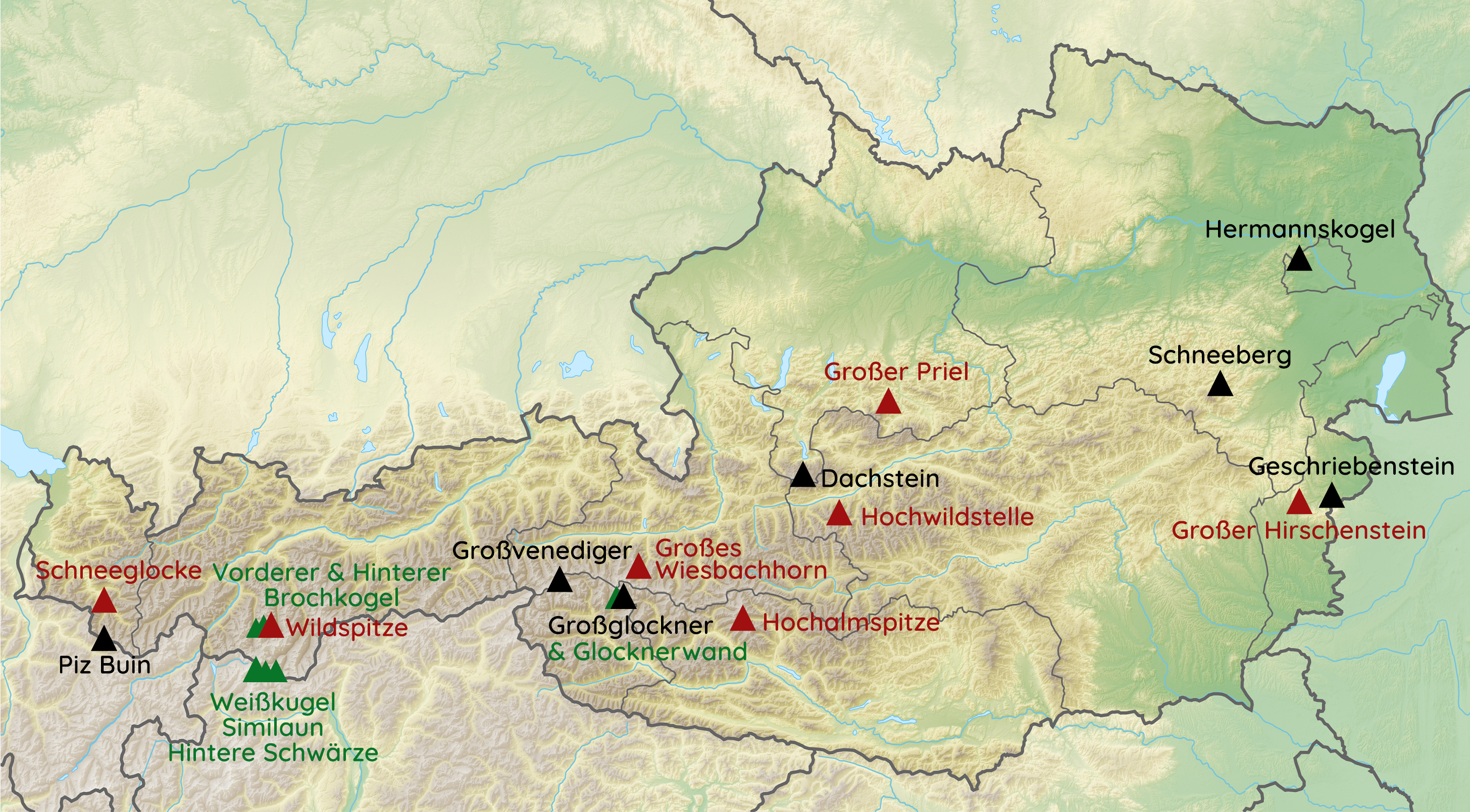 Karte mit den 20 höchsten Bergen von Österreich