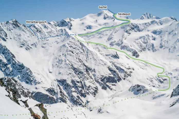 Der ungefähre Routenverlauf der Skitour auf die Wildspitze vom Wurmtaler Kopf (3.225 m) aus betrachtet