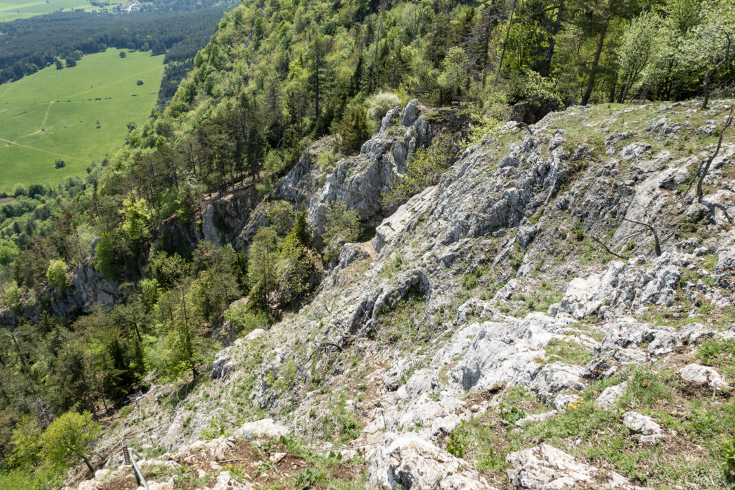 Blick zurück auf den Klettersteig mit Matthias Pfeiler und Hängebrücke