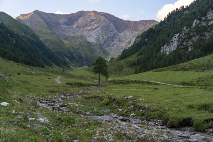 Die ersten Sonnenstrahlen treffen den Gipfel des Kleinen Kaserers